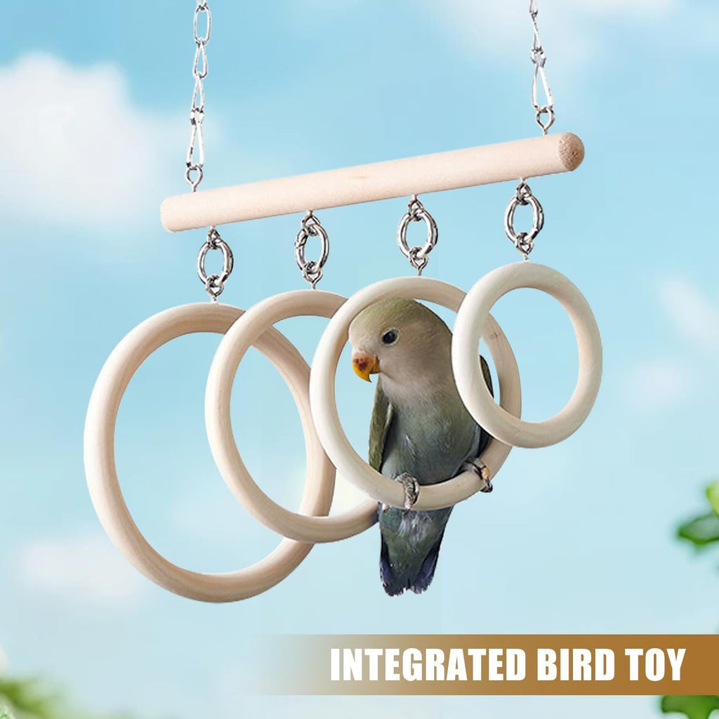 La La Pet Bird Swing Rings 4-Ring Perch Stand Wooden Parrot Playground Relieve Boredom Hanging Birdcage Accessories for Budgies Cockatiels Conures Parakeets Cockatoos