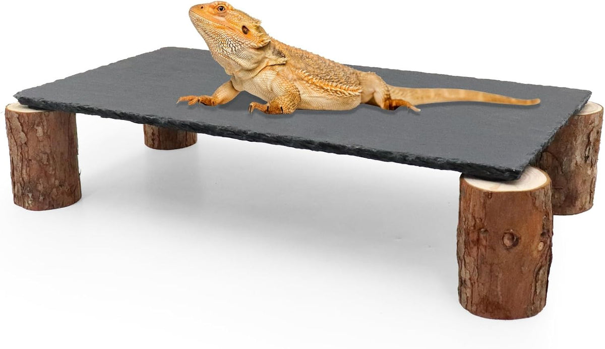 Bearded Dragon Basking Platform, Slate Rocks for Reptiles with Wooden Pile, Leopard Gecko Hides and Caves, Reptile Tank Accessories for Bearded Dragons, Geckos, Ball Pythons, Tortoise (Black, Small)