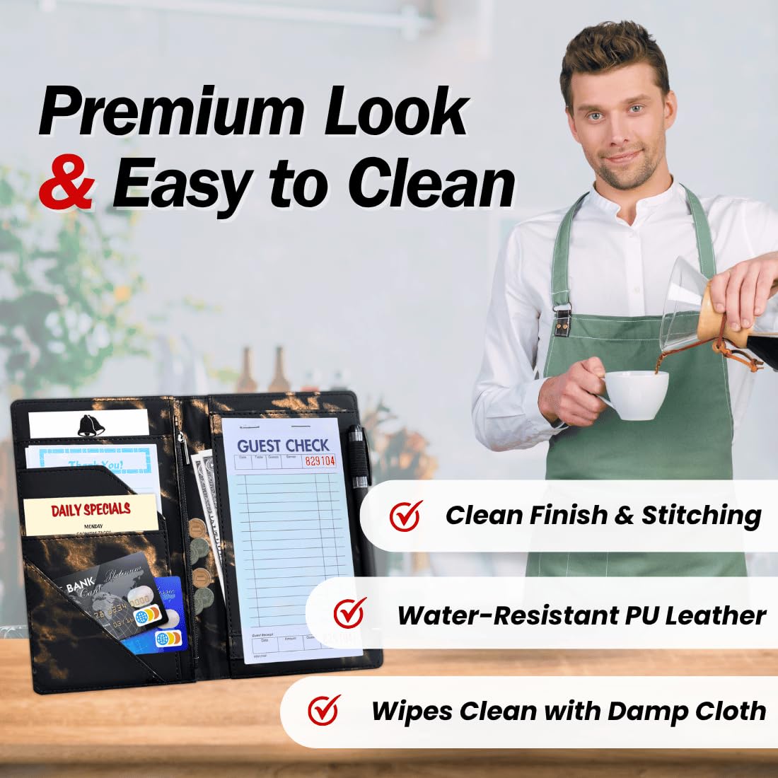 LINTRU 5x8 Server Book, 7 Pocket Zipper Organizer, Fits Apron, Marble Black