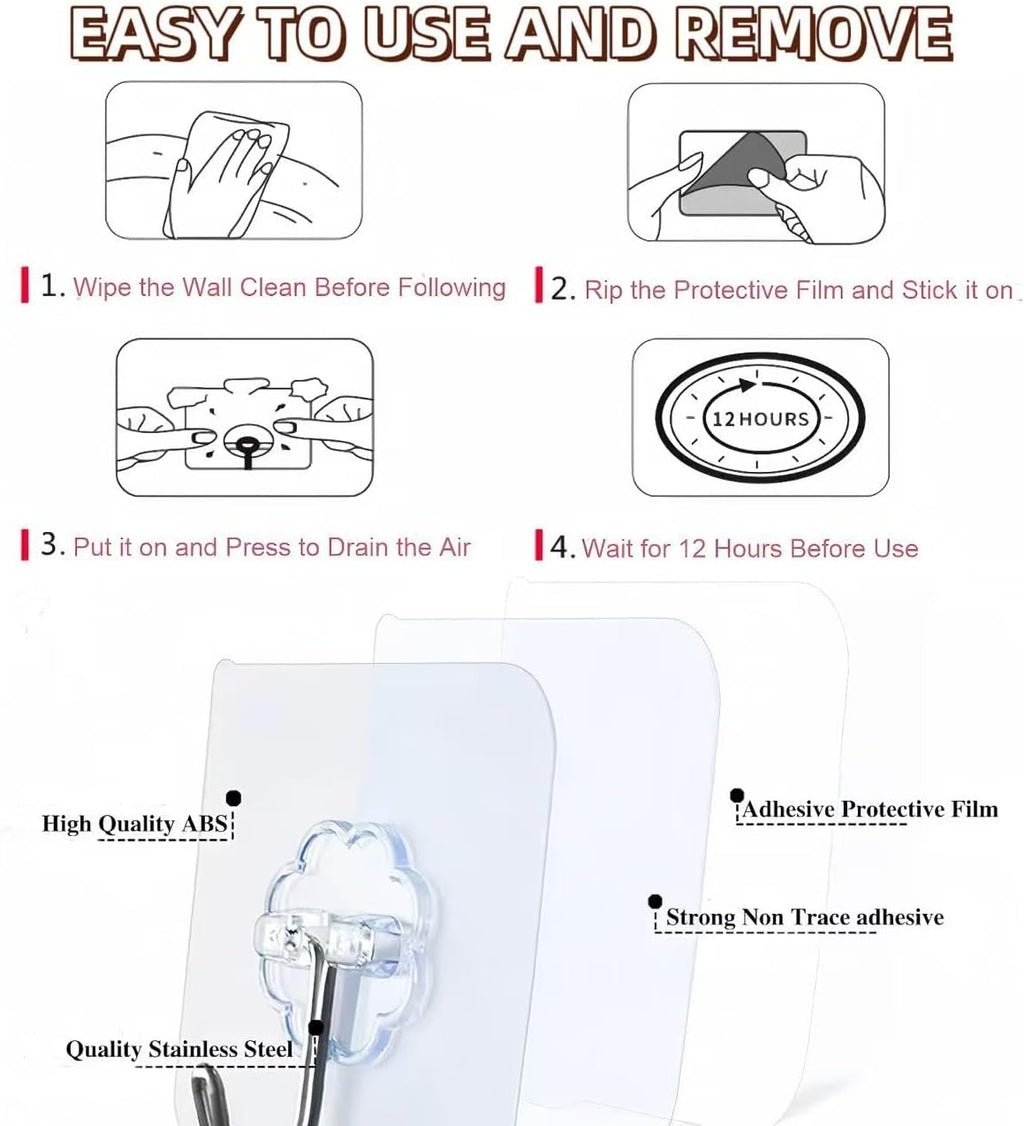 DDMY 100 Pack Heavy Duty Self Adhesive Hooks 50 lbs Transparent Reusable Sticky Wall Hooks for Hanging Waterproof Adhesive Hooks for Kitchen, Towel, Bathroom Shower, Office, and Outdoor No Damage