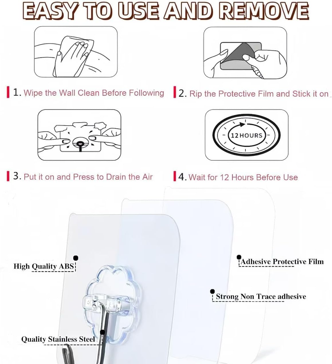 DDMY 100 Pack Heavy Duty Self Adhesive Hooks 50 lbs Transparent Reusable Sticky Wall Hooks for Hanging Waterproof Adhesive Hooks for Kitchen, Towel, Bathroom Shower, Office, and Outdoor No Damage