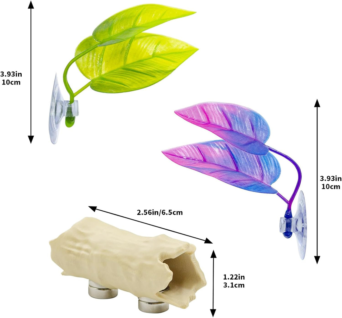 3 Pack Jumping Spider Enclosure Accessories, 1 Plastic Tree Trunk Hide with Magnet, 2 Plastic Simulated Leaf Habitat Platform with Suction Cups, Jumping Spider Enclosure Decorations
