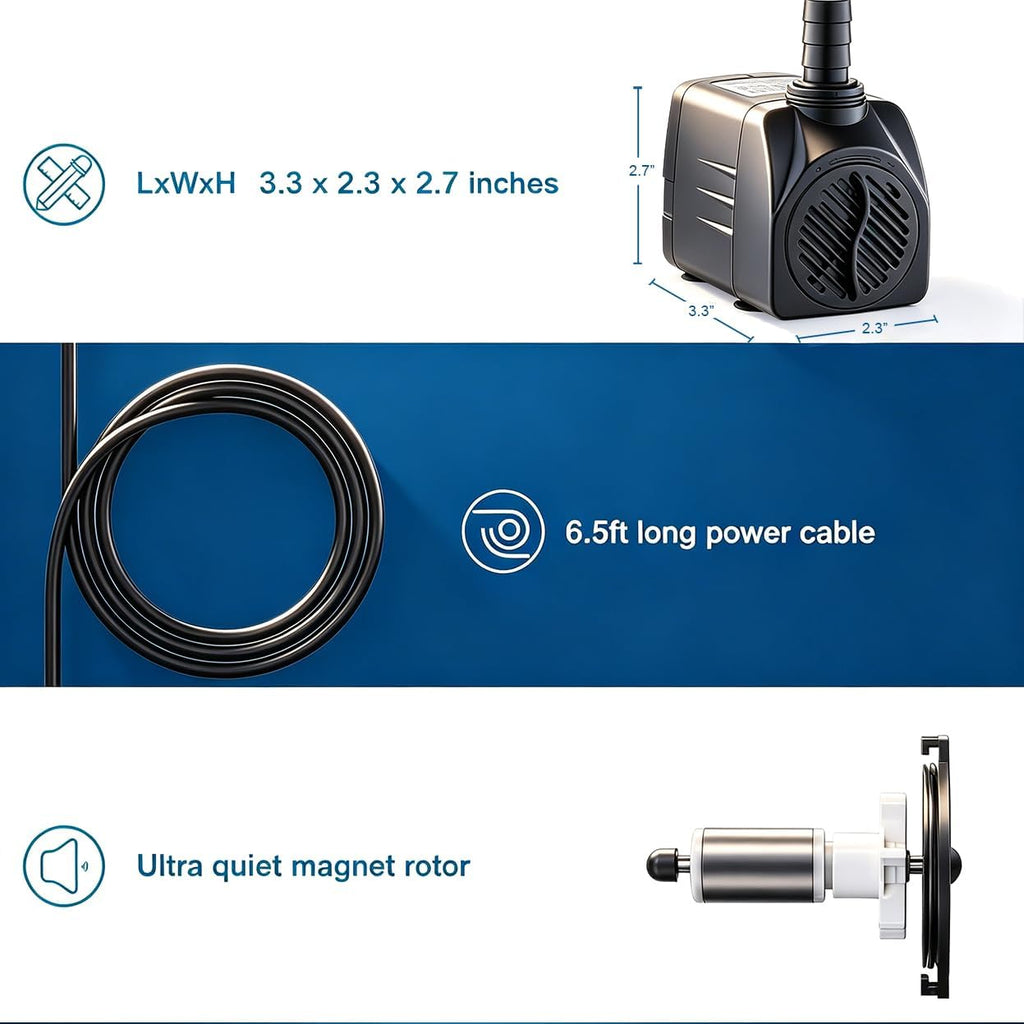 400GPH Quiet Submersible Water Pump for Aquariums Fountains with 3 Nozzles