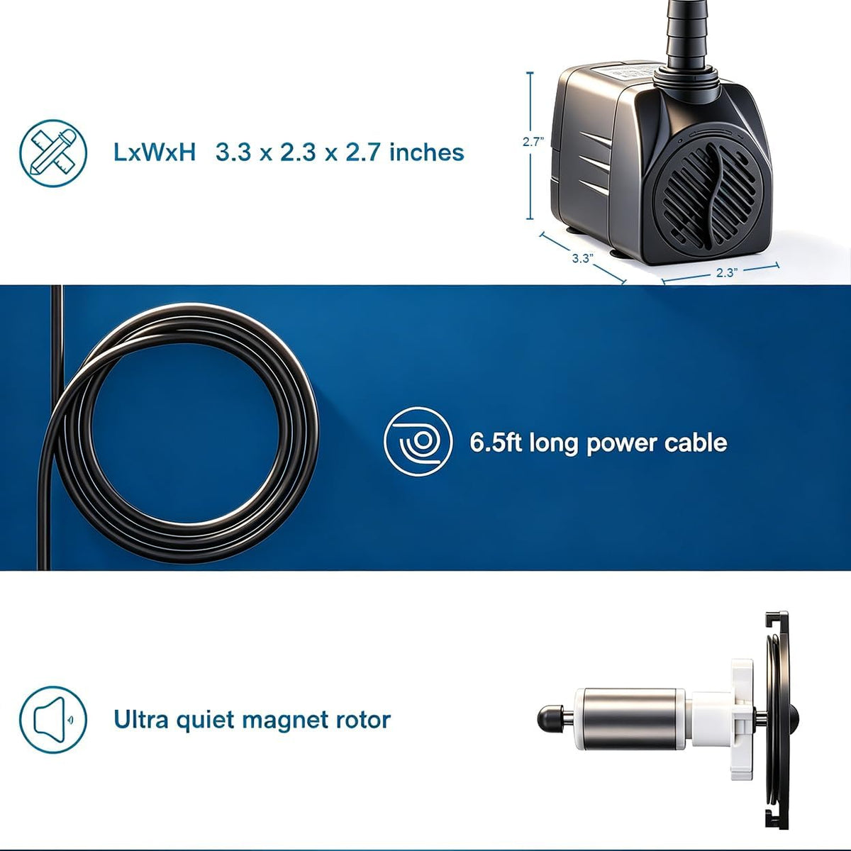 400GPH Quiet Submersible Water Pump for Aquariums Fountains with 3 Nozzles