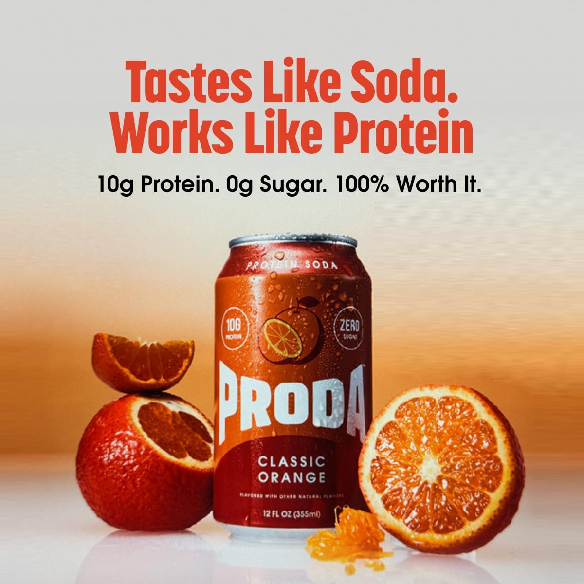 Proda Protein Soda, 10g Whey Protein, Zero Sugar, Classic Orange, 12-Pack