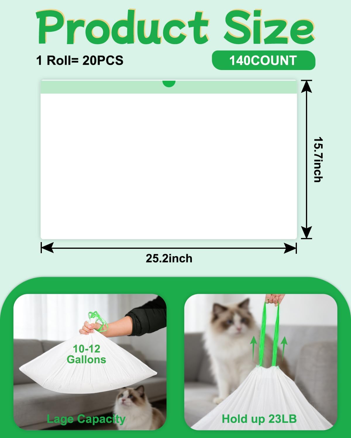 140 Count Cat Litter Bags Liners for Automatic Litter Box, Pre-Separated Easy-Dispense Waste Bags with Drawstring, Heavy Duty Leak-Proof Liners Compatible with Litter-Robot 4/5/3, 25.2"x15.7"
