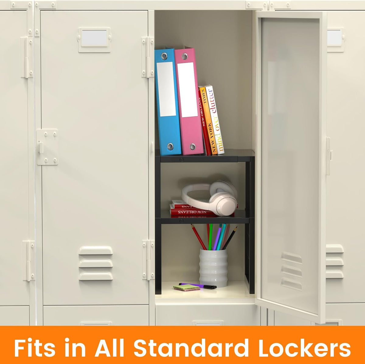 LIDTOP Locker Organizer Shelf School, Adjustable Width and Height, Stackable Metal Locker Storage Organization, Ideal Locker Fits Standard Size School, Office, and Gym Lockers, Black