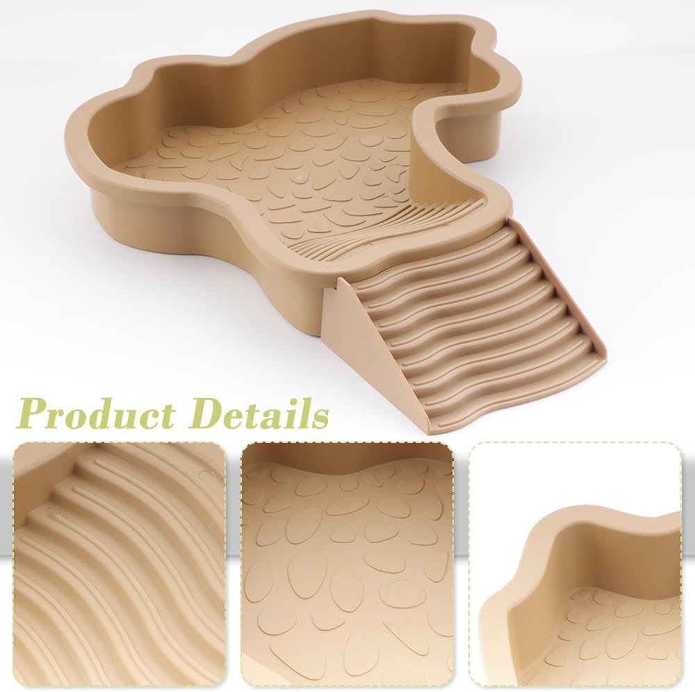 Large Reptile Bathing Pool Turtle Food Water Bowls with Ramp Aquarium Ornament for Turtle Horned Frog Lizard Gecko Snake (Brown)