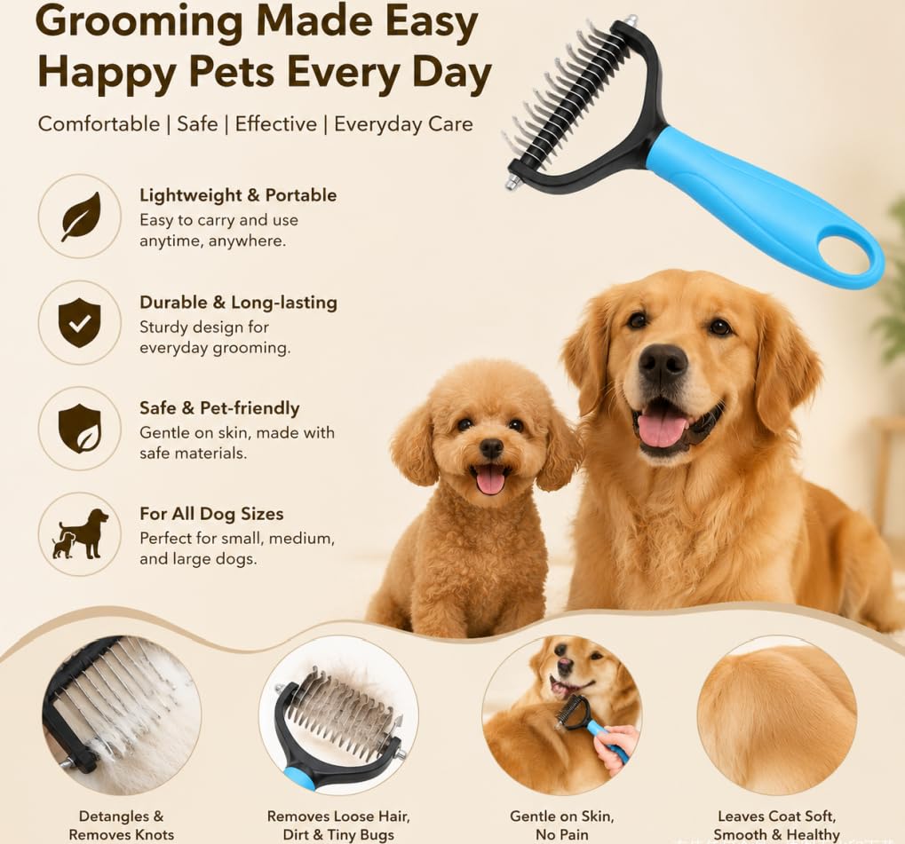 Dog Pro Grooming Tool - Dual-Sided Deshedding Dog Brush and Dematting Comb for Dogs & Cats, Undercoat Rake for Dogs, Comfortable Pet Grooming Brush, Dog Grooming Supplies