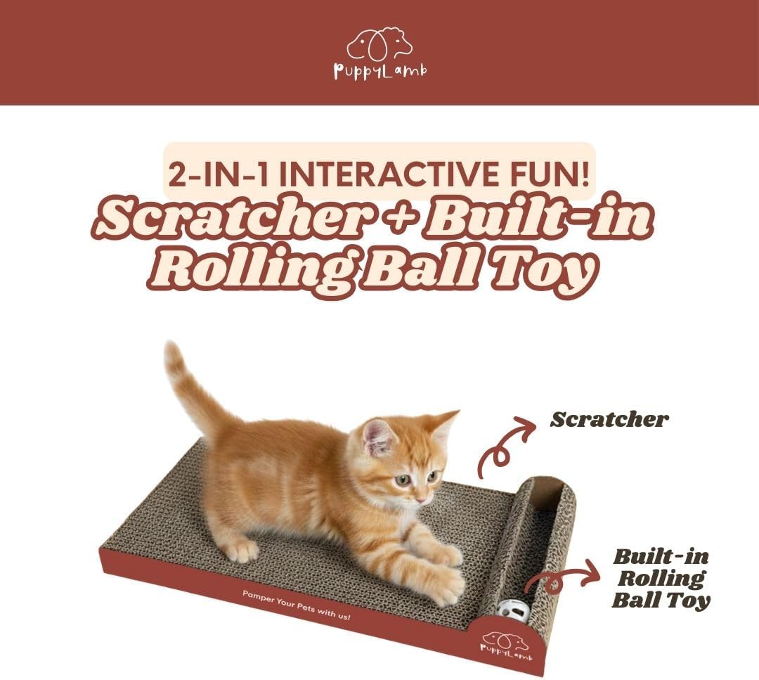 PuppyLamb 2-in-1 Cat Scratcher Board with Interactive Rolling Bell Ball - Durable Corrugated Cardboard Scratching Pad, Heavy Duty Furniture Protector & Stress Relief Toy (16.5")