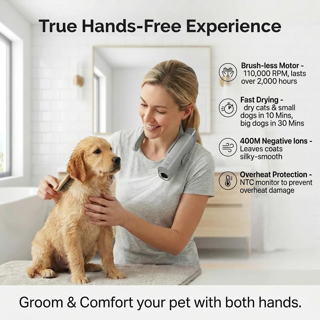Hands Free Neck Hanging Pet Dryer, Portable Compact Dog Blow Dryer for Dogs Cats, Lightweight Low Noise Grooming Dryer with Adjustable Speed & Temperature