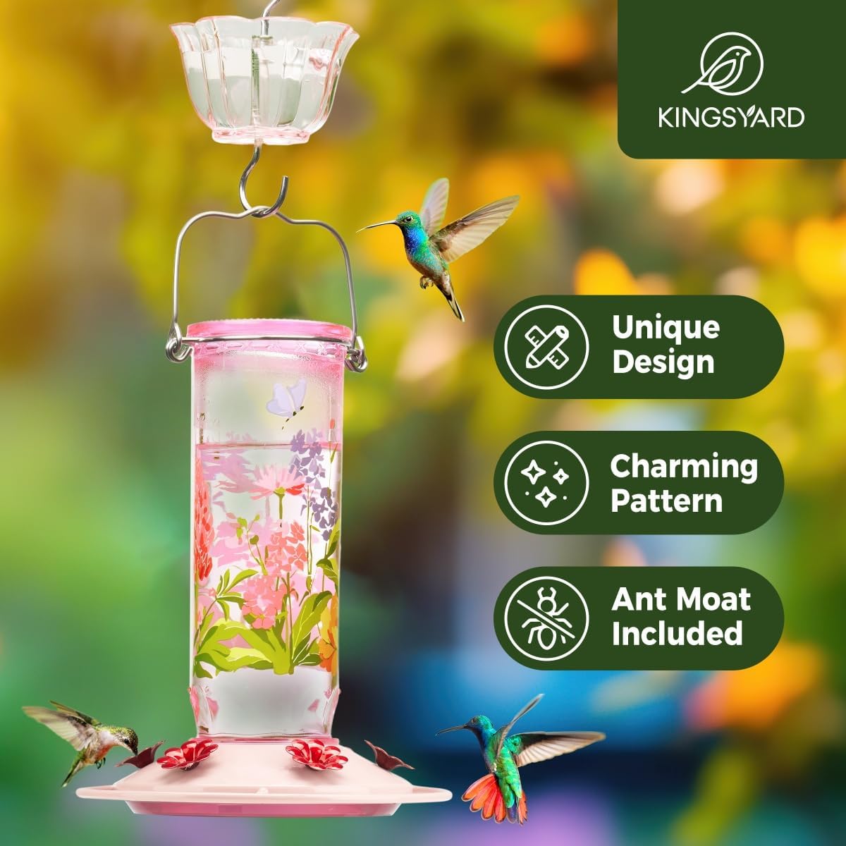Kingsyard Patterned Glass Hummingbird Feeder for Outdoor Hanging