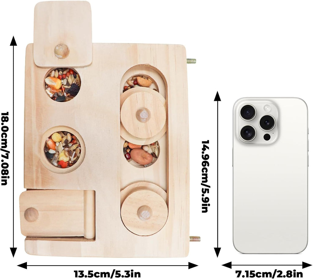 Wooden Bird Foraging Puzzle – Interactive Food Challenge Toy with Sliding Blocks & Locks | Cage-Mounted Enrichment for Budgies, Cockatiels, Conures