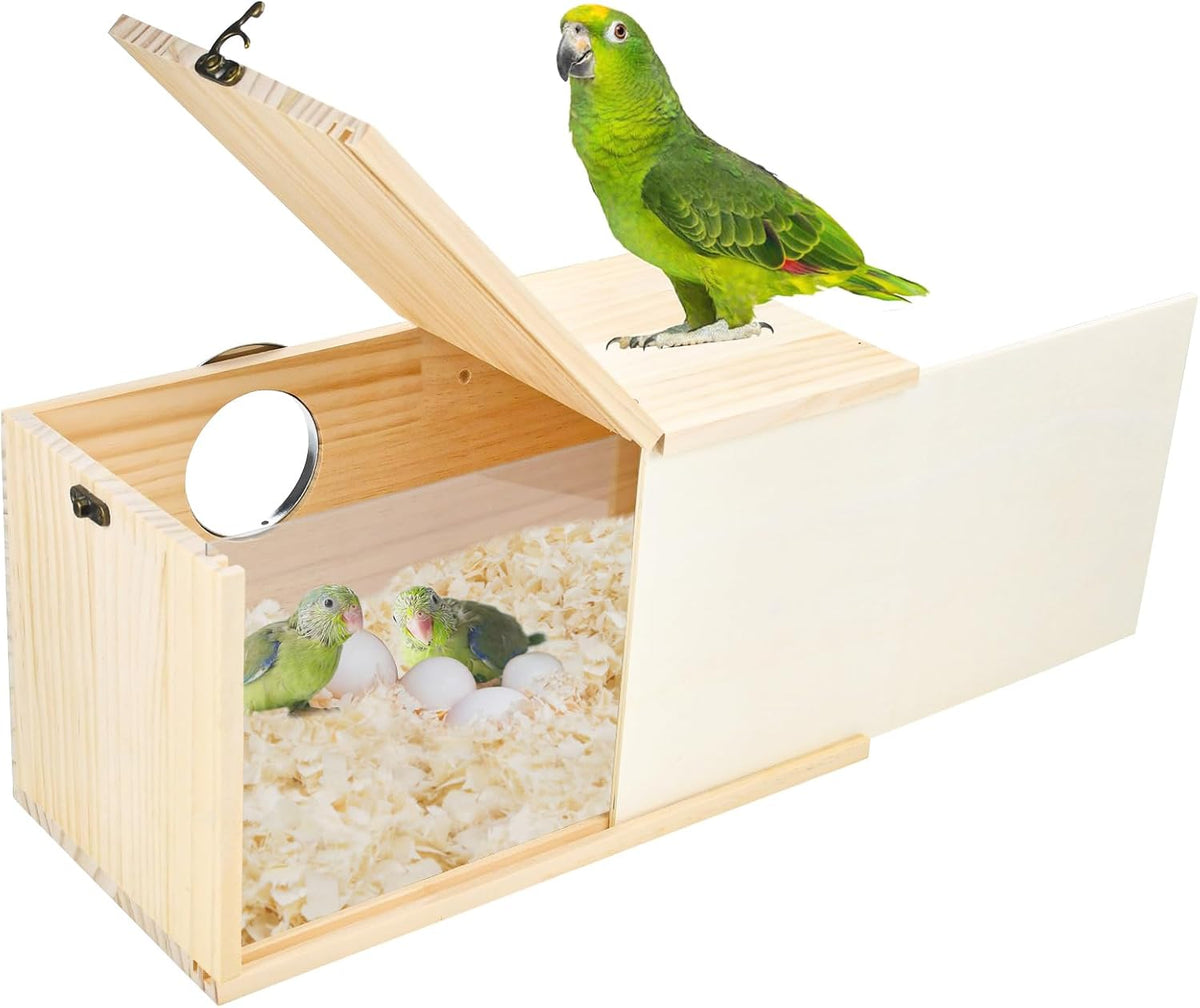 Parakeet Nesting Box Cockatiel Nesting Natural Pine Bird Nest Bird Breeding Box House Acrylic Transparent Bird Box with Detachable Wooden Board for Lovebirds Cockatiel Budgie Conure Parrot L