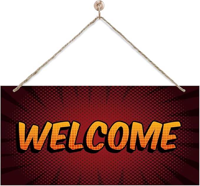 Welcome Sign for Front Door, Front Door Wooden Hanging Sign, Comic Style by corner+wind