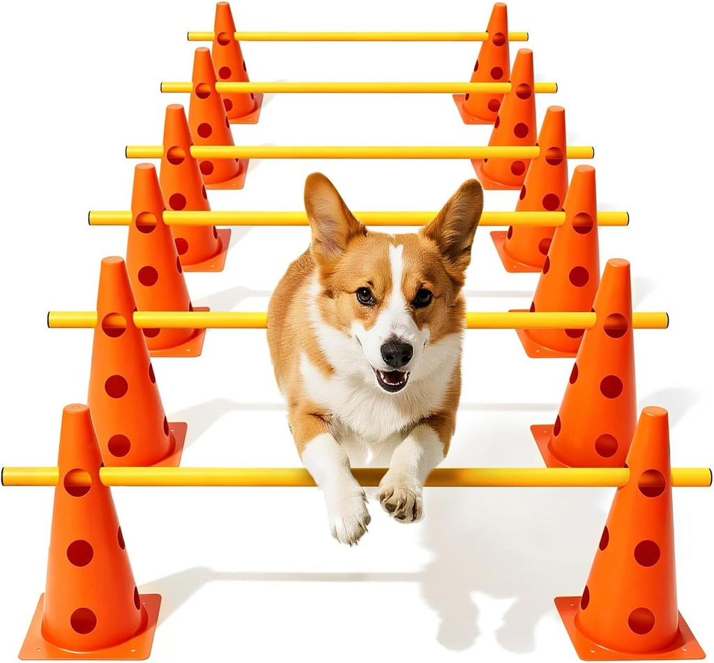 Dog Agility Course Backyard Set, Dog Agility Hurdle Cone Set with Height Adjustable Crossbar for Rehabilitation & Beginners, Dog Agility Equipment for Dog Obstacle Course - 12 Inch