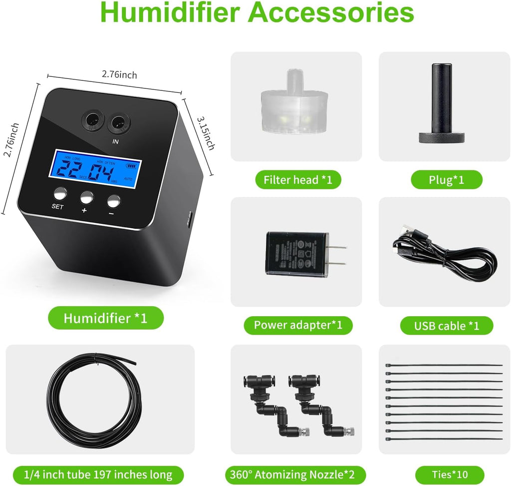 reptile humidifier, LCD with timing function, time length and interval can be set, reptile mister system with 2 spray nozzles, misting system for reptiles of amphibians, tanks, Paludarium