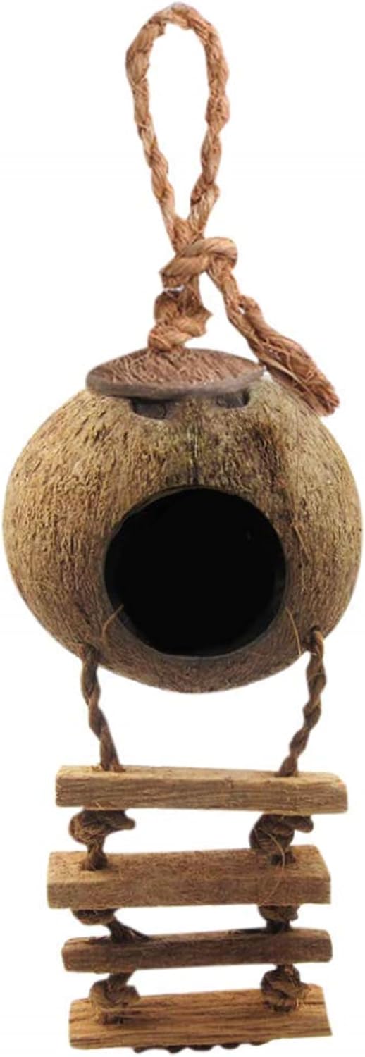 SunGrow Hermit Crab Coco Hut with Ladder, Hamster & Hermit Crab Hideout, Coconut Hide for Reptiles, Crab Cage Climbing Toys, Coconut Shell Mouse House, Habitat Tank Accessories, 5"