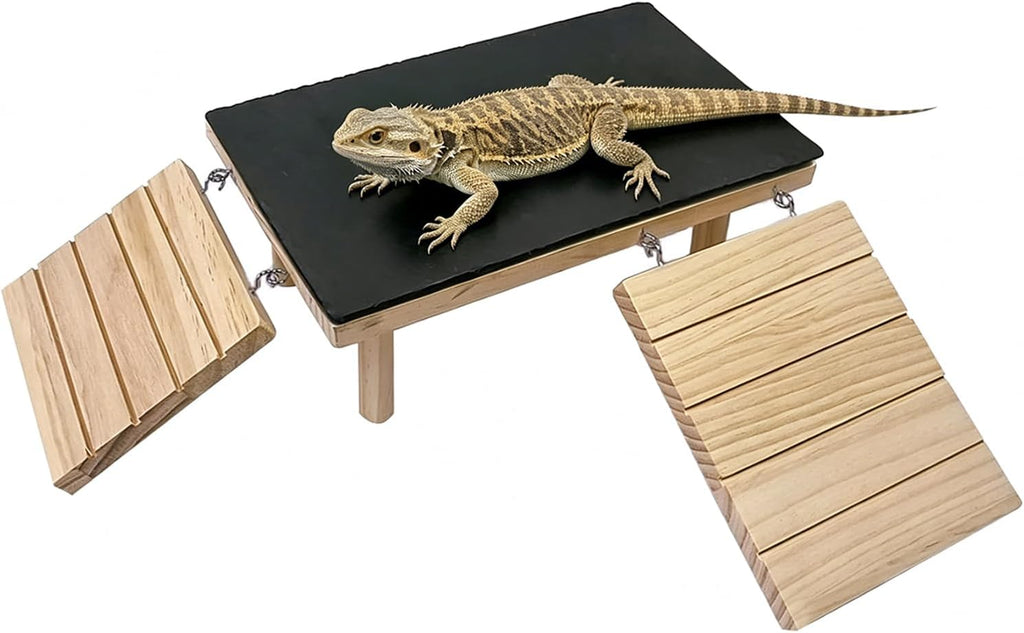 Bearded Dragon Basking Platform with Climbing Ramp, Wooden Bearded Dragon Platform Reptile Basking Platform with Slate Stone for Bearded Dragons Leopard Geckos Lizards Turtles Hamsters A