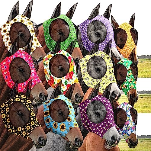 Qualirey 12 Pieces Horse Fly Mask Bulk, Medium, Flower Patterns