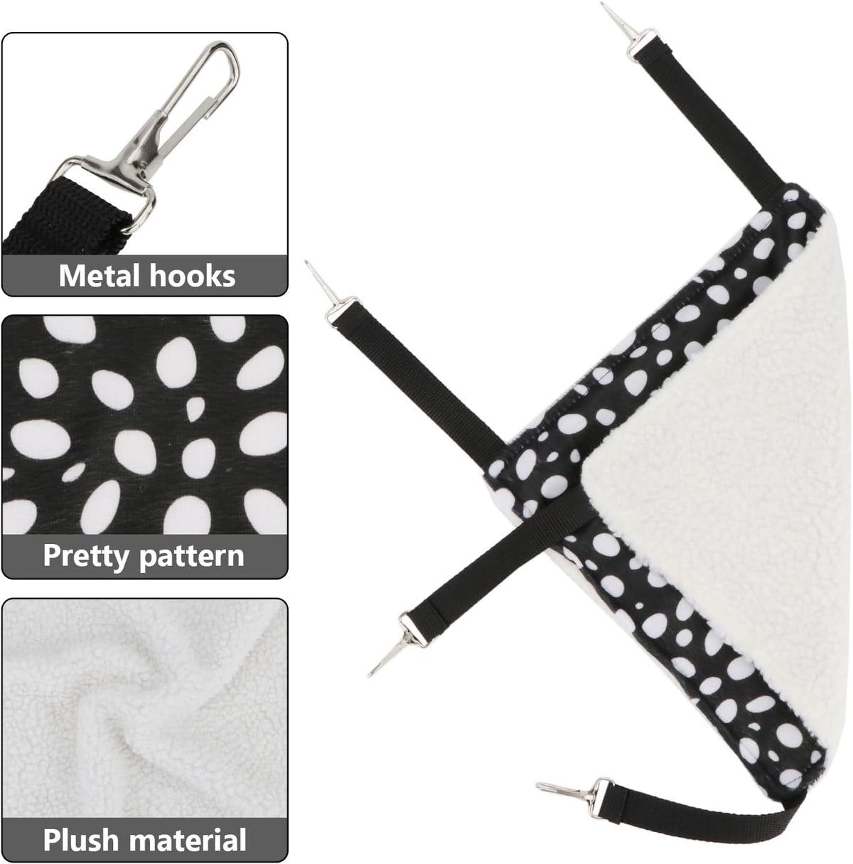 Wontee 2 Pack Small Animal Hammock Soft Fleece Sleeping Bed for Mice Rat Chinchilla Guinea Pig Ferret Kitten Cat Rabbit (S: 10.6x10.6inch, Black White Dot)