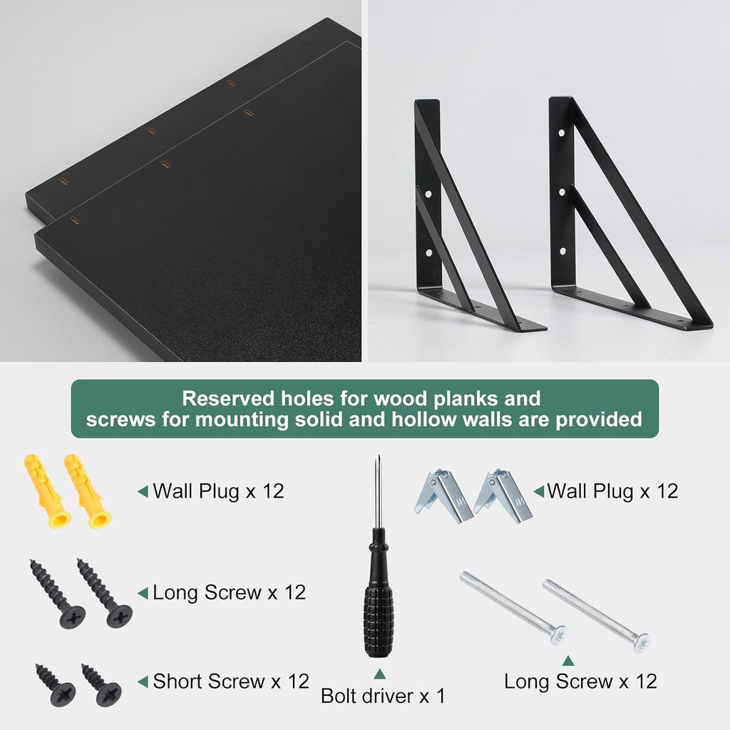 2 Pc Deep Floating Wall Shelves, Heavy Duty, 16x12, Black