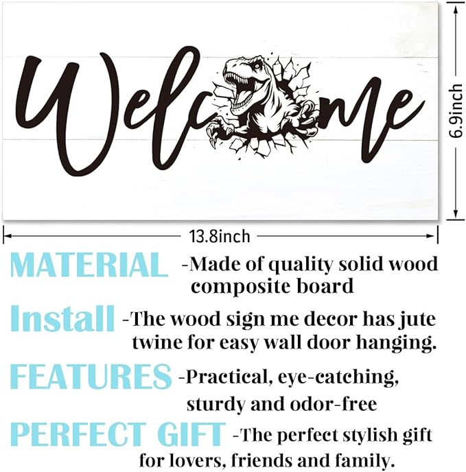 Welcome Sign for Front Door, Welcome Decor Wooden Hanging Sign, Tyrannosaurus - Image 2