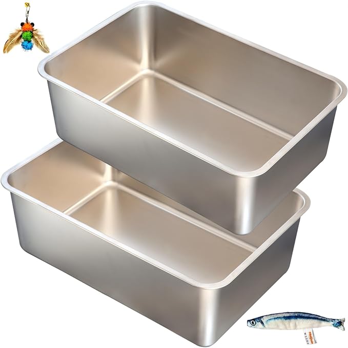 2-Pack XXL Stainless Steel Cat Litter Boxes, Includes Catnip Fish Toy & Wand by miwooim