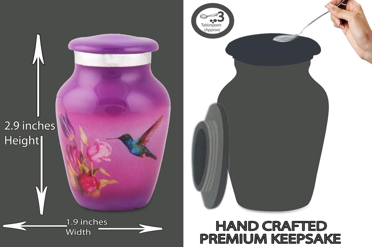 Bold & Divine Purple Hummingbird Keepsake Urn for Ashes | Set of 4 | 3.5 Cubic Inch | Keepsake Urn for Sharing The Ashes of a Loved One