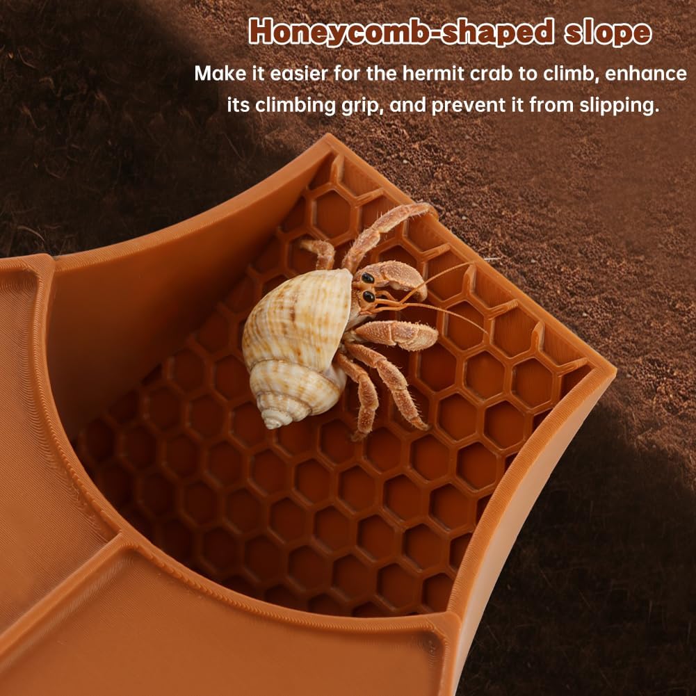 2-in-1 Hermit Crab Habitat Hideout, Cave Shelter with Dual Food Bowls, Textured Climbing Ramp & Viewing Window, Hermit Crab Tank Accessories (Brown)