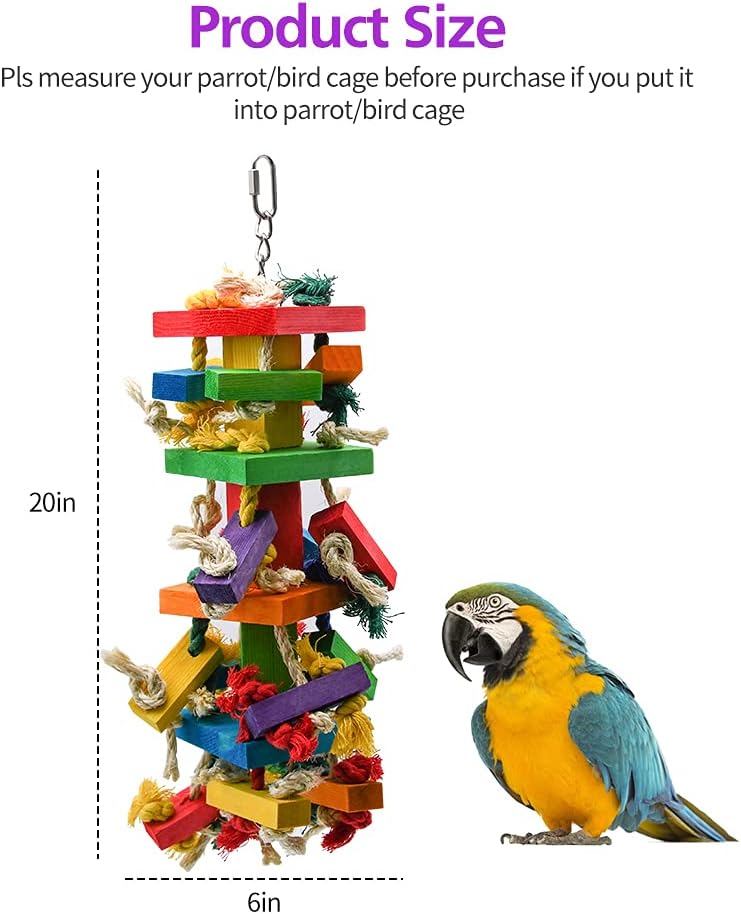 RUBY.Q 20in Large Parrot Toy, Multicolored Natural Wooden Bird Chewing Toys