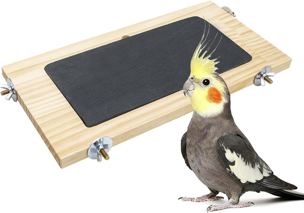 Bird Perch, Wooden Platform with Slate Rock, Bird Playground, Parakeet Shelf Stand Platform, Cage Accessories for Budgies, Cockatiels, Lovebirds, Green Cheeks, Small to Medium Birds