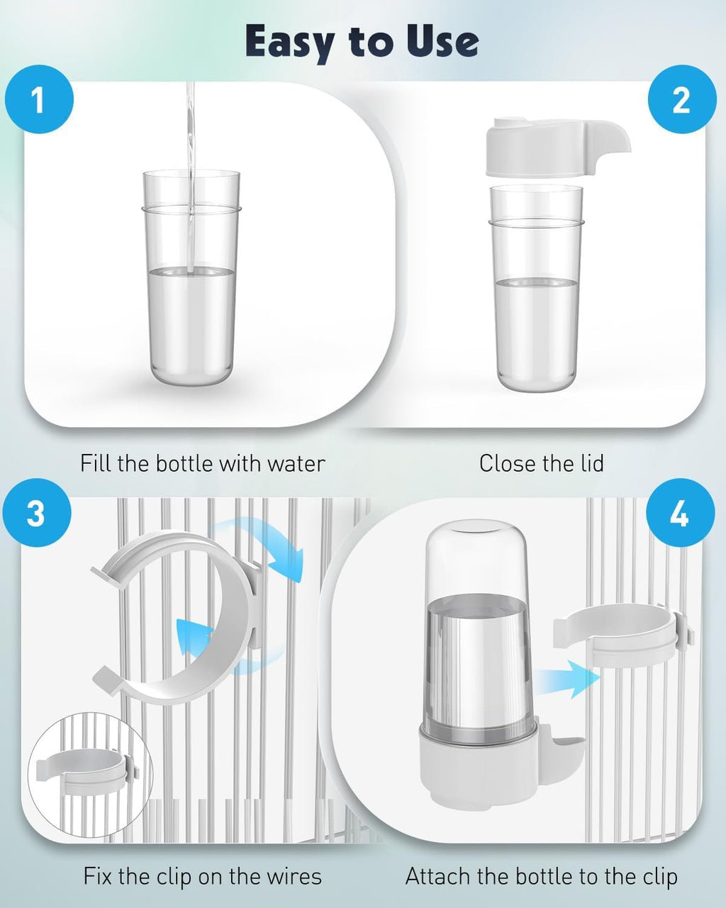 Pawfly 4 Pcs Bird Water Dispenser, Cage Accessories for Parrot & Hamster, Bird Feeder for Cage, White & Blue Waterer for Small Parakeet Cockatiel Budgie Lovebirds