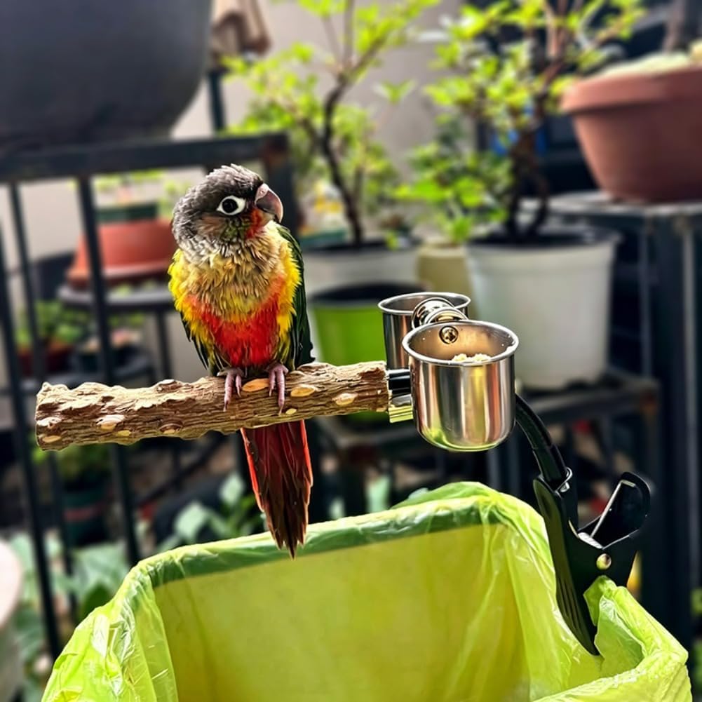 OMEM Parrot Pepperwood Perch Clip Fixed Solid Wood Scratching Perch Bird Fixed Point Defecation Stand with Food Bowl