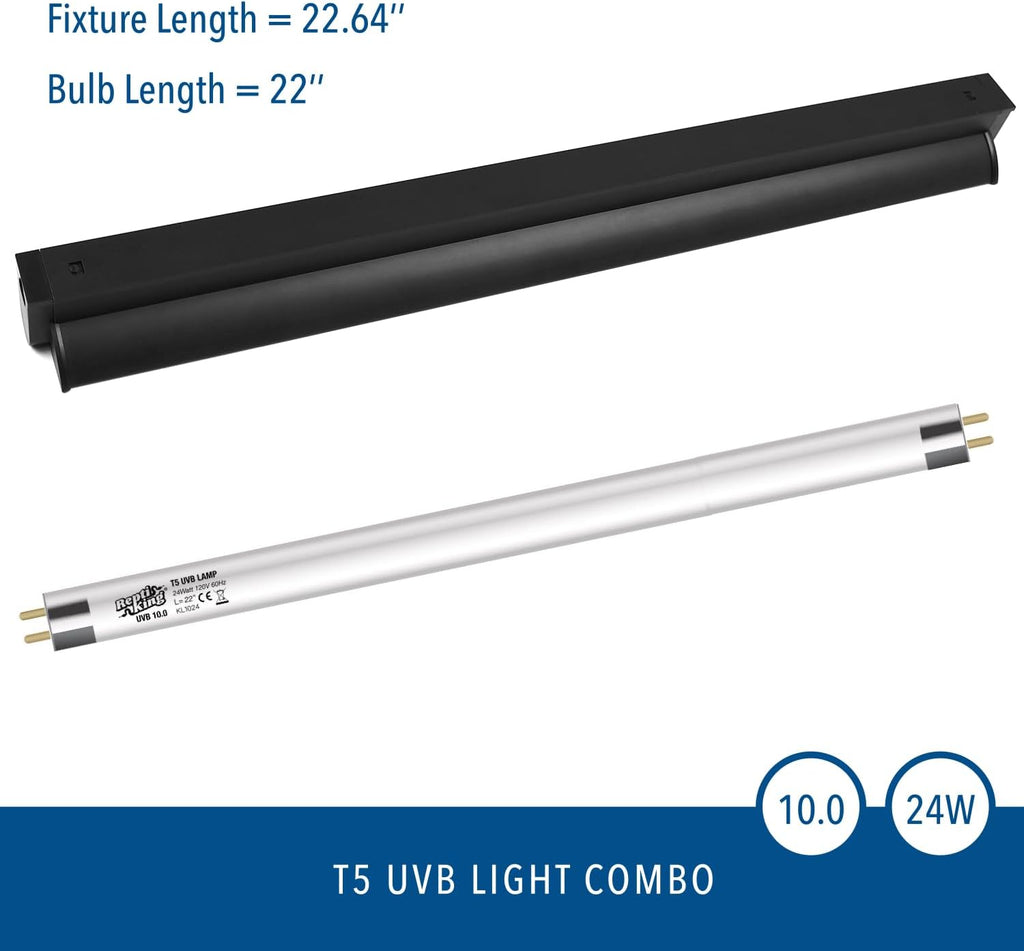 T5 UVB Reptile Light Fixture Kit – 24W High-Output 10.0 UVB Bulb for Bearded Dragons, Turtles & Lizards – Liner UVA/UVB Lighting for Basking & Vitamin D3 Synthesis