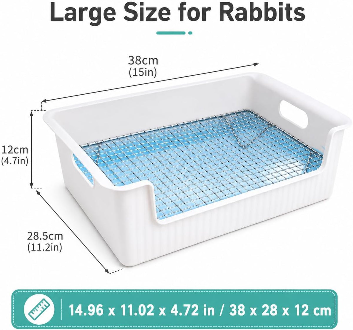 Rabbit Litter Box with Grate, Large Bunny Litter Pan for Cage, PP Toilet Tray with Removable Stainless Steel Grid, 10 Pee Pads, Brush and Non Slip Feet