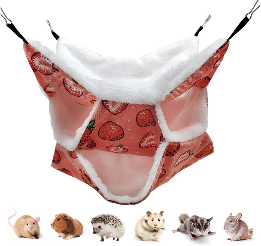 LEFTSTARER Pet Small Animal Hanging Hammock Ferret Bunkbed Hammock Cage Toy for Hamster Rat Sugar Glider Parrot Guinea Pig Hideout Play Sleep (Strawberry Hammock and Corner Hideout)