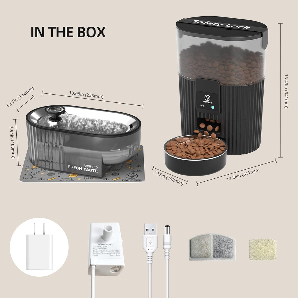 PAPIFEED Automatic Cat Feeder and Water Fountain Stainless Steel, Auto Cat Food & Water Dispenser, Quiet Pet Drinking Fountain with LED, WiFi Cat Feeder with App, 10 Meals/Day, Smart Cat Feeder Set