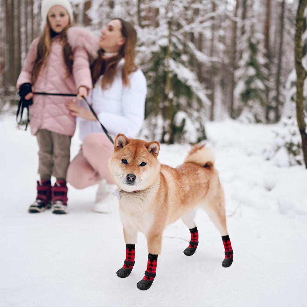 BINGPET Anti-Slip Dog Socks, Waterproof Plaid Dog Paw Protector with Adjustable Straps, Thick Fleece Padded Warm Pet Doggy Socks for Cold Weather Winter