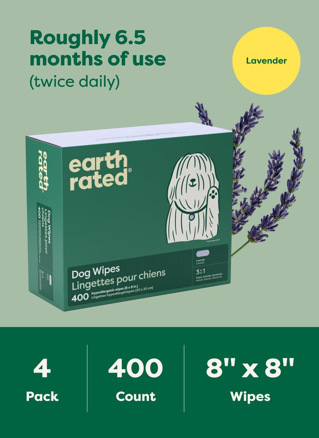 Earth Rated Dog Wipes for Paws & Butt, Deodorizing, Lavender, 400ct