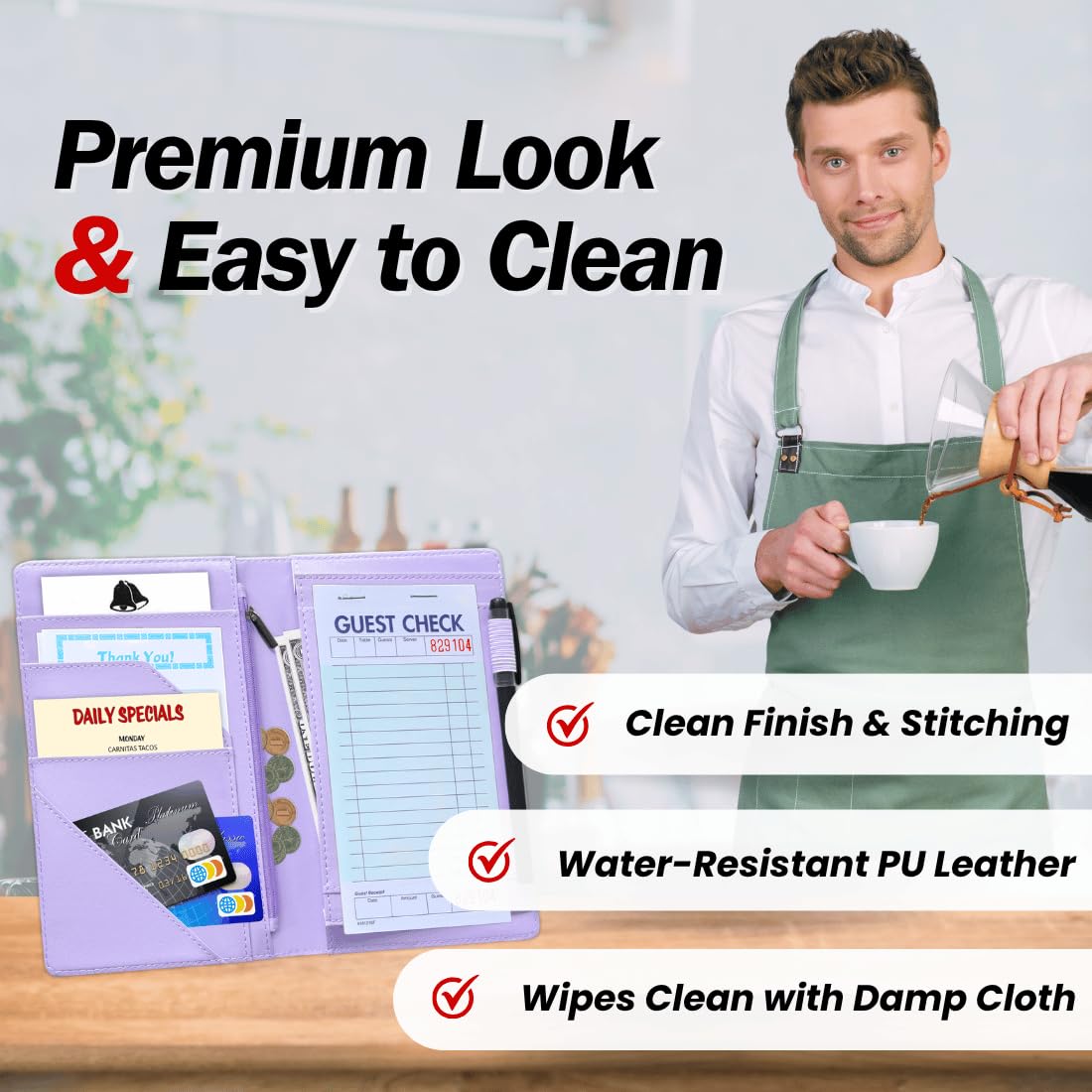 LINTRU 5x8 Server Book, 7 Pocket Zipper Organizer, Fits Apron, Purple