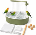 Bird Bath for Cage, Automatic Parakeet Bird Shower Fountain with 4 Natural Rattan Balls, Waterproof Mat, Adjustable Valve, Hidden Cable Pump, Dual Perch, Indoor Parrot Bathing Set, Light Green