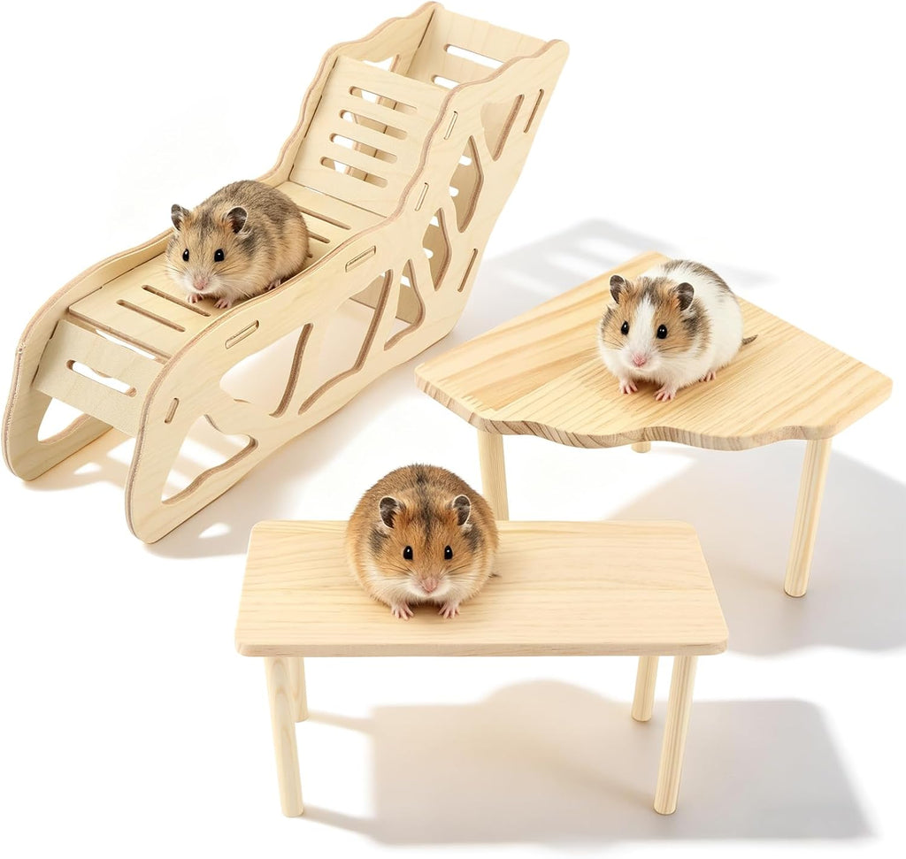 3 Pack Wooden Hamster Play Platform, 3-in-1 Natural Small Pet Playground