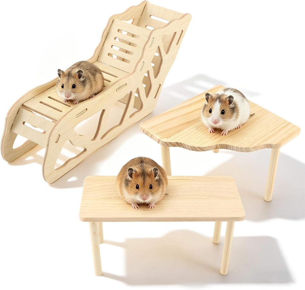 3 Pack Wooden Hamster Play Platform, 3-in-1 Natural Small Pet Playground