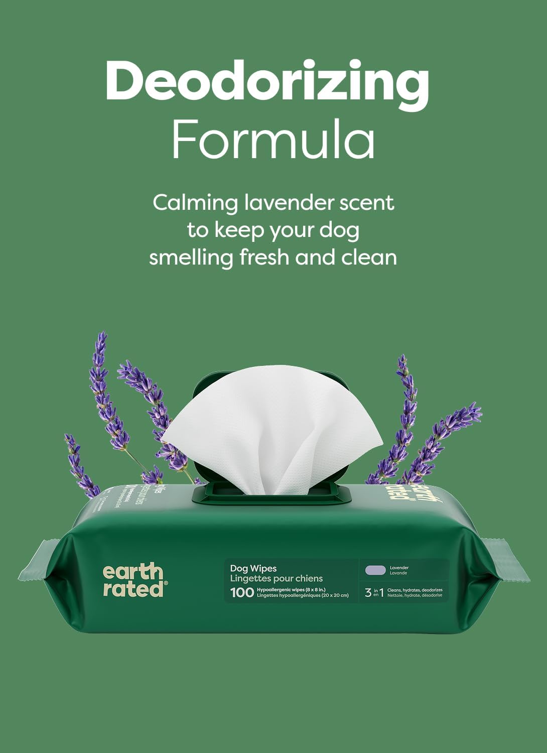Earth Rated Dog Wipes for Paws & Butt, Deodorizing, Lavender, 400ct
