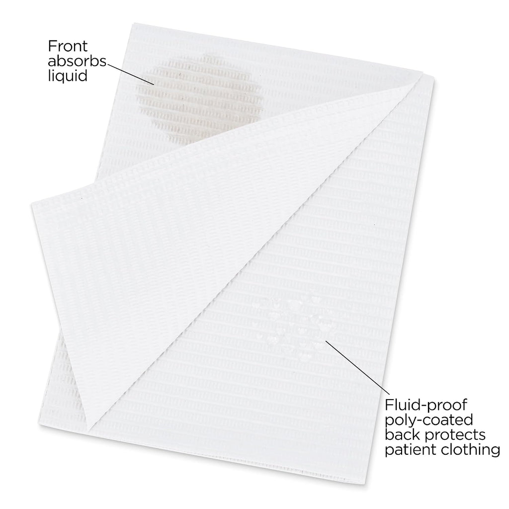 Practicon 125 Pack White Disposable Patient Bibs, 18" x 13", 3 Ply Waterproof Paper Bib Sheet with Poly Back, Dental, Medical, Tattoo, Nail Tray or Table Cover, 125 Pack