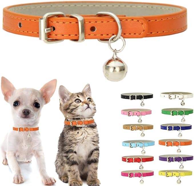Orange XXS Kitten Collar with Bell, Soft Pu Leather Dog Collars Adjustable by Weimostar