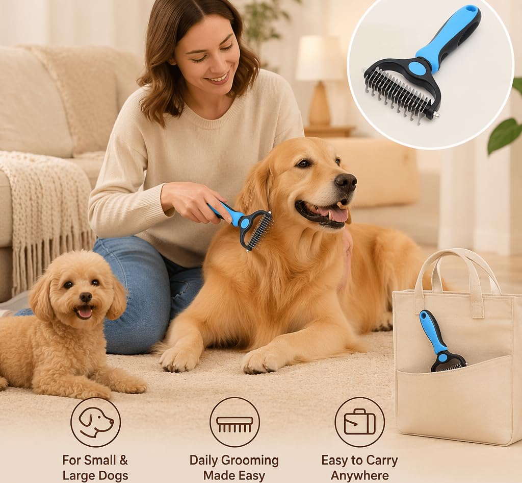 Dog Pro Grooming Tool - Dual-Sided Deshedding Dog Brush and Dematting Comb for Dogs & Cats, Undercoat Rake for Dogs, Comfortable Pet Grooming Brush, Dog Grooming Supplies