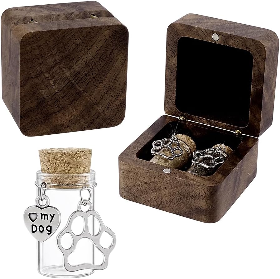 NBEADS Personalized Pet Hair Keepsake Box, Wooden Dog Hair Memorial Shadow Box with 2 Pcs Glass Cork Wishing Bottles Pet Memorial Gift for Loss of Dog or Cat