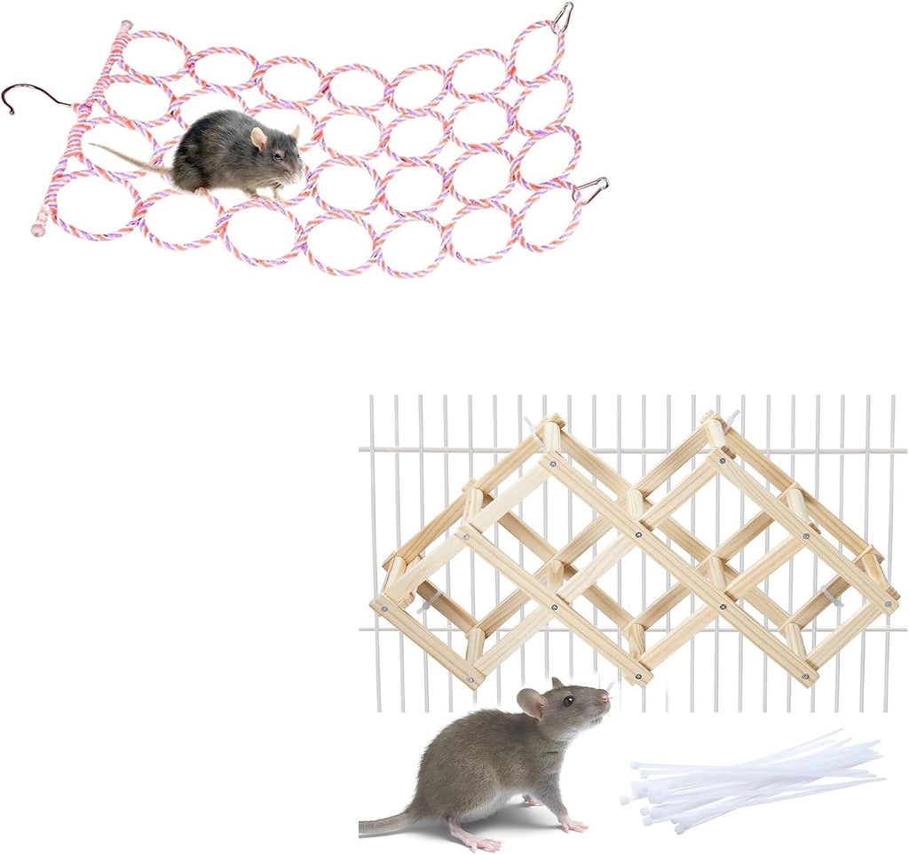 1Pcs Rat Climbing Rope Net Toy for Cage, Bird Hemp Rope Perch Swing, Ladder Ropes Bridge Hanging Hammock & Wooden Rat Climbing Toys, Natural Pet Rats Cage Accessories Climb Ladder